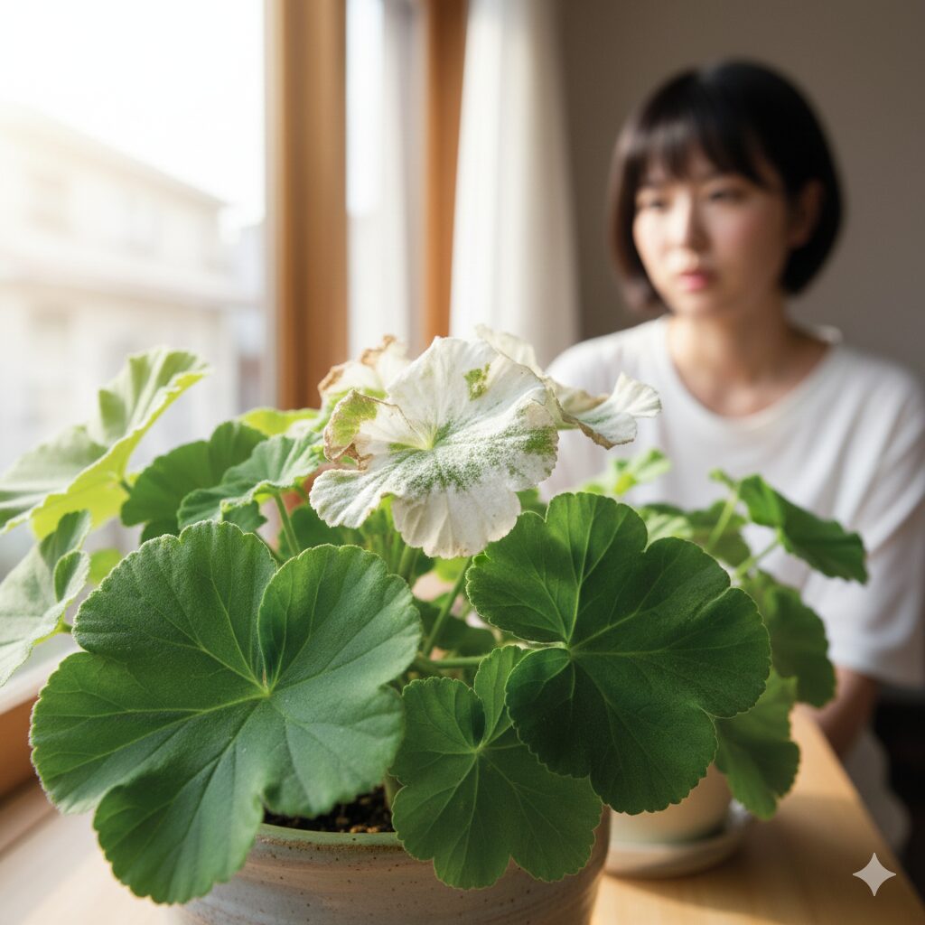 ゼラニウム 葉が白くなる1　健康な緑色の葉と、原因不明で白く変色した葉が混在するゼラニウムの鉢植え。