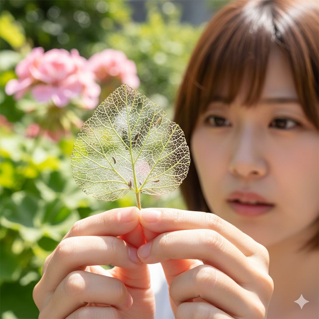 ゼラニウム 葉が白くなる10　ヨトウムシの食害により、葉肉が食べられて薄皮一枚になり白く透けて見えるゼラニウムの葉。