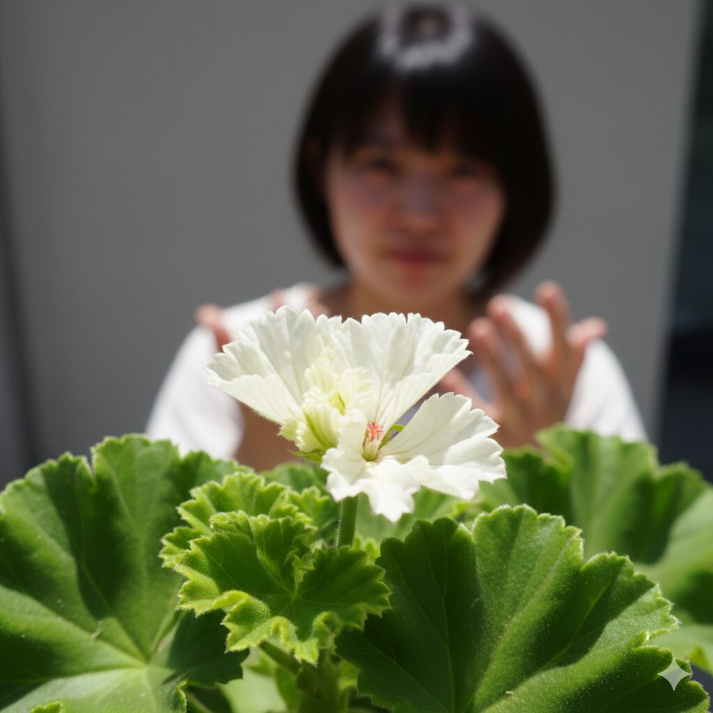 ゼラニウム 葉が白くなる2　高温障害（サマー・ホワイト）により、成長点の新芽だけが白く変色したゼラニウム。下の葉は緑色のまま。