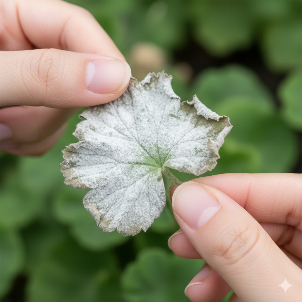 ゼラニウム 葉が白くなる3　葉の表面全体に白い粉のようなカビが付着した、うどんこ病のゼラニウムの葉。