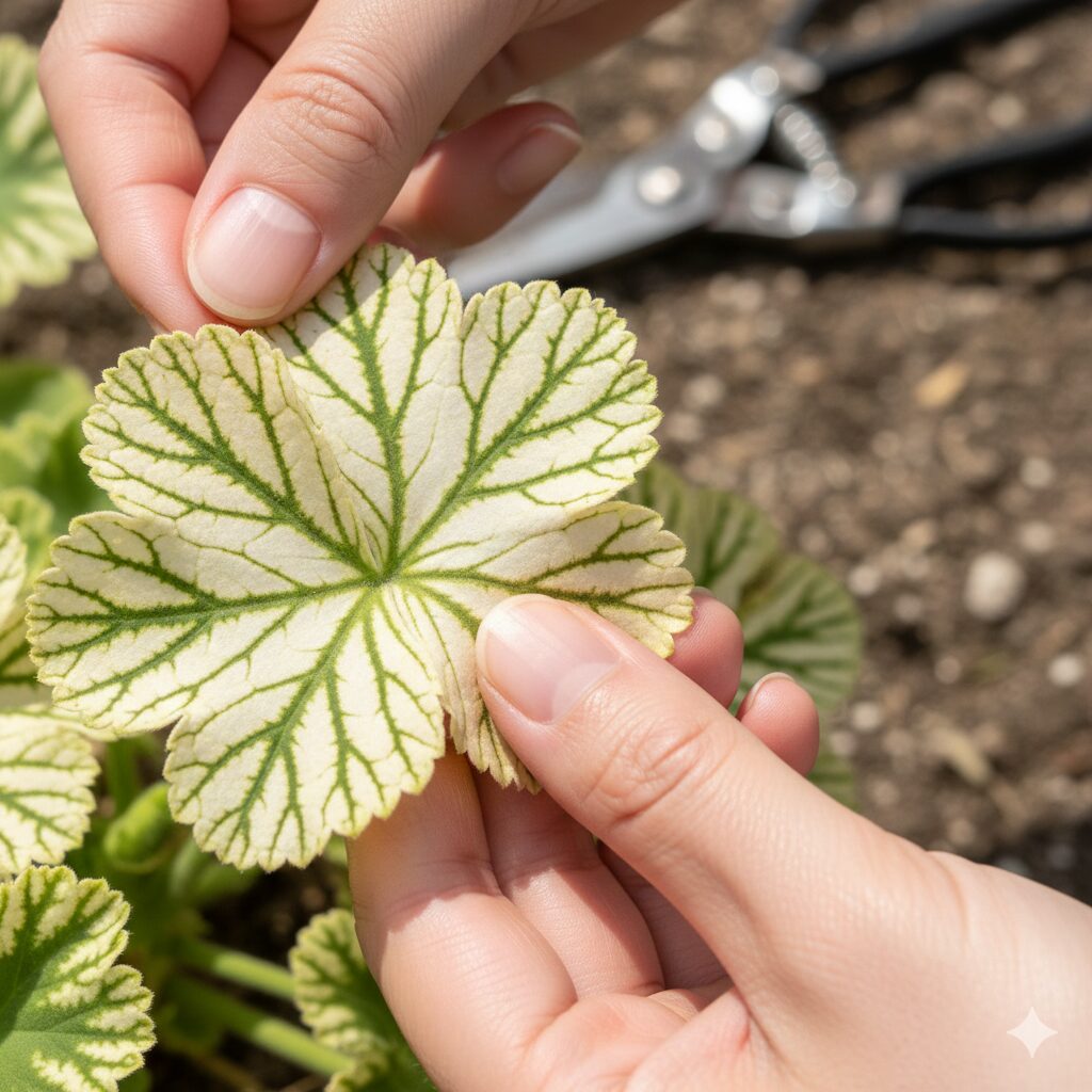 ゼラニウム 葉が白くなる4　鉄欠乏により、葉脈の緑色を残して葉全体が白く変色したゼラニウムのクロロシス症状。