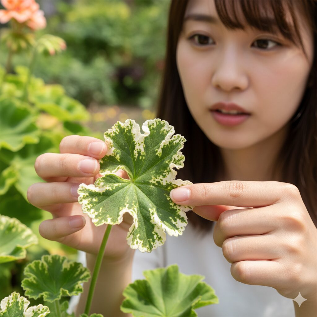 ゼラニウム 葉が白くなる6　ウイルス病感染により、不規則なモザイク模様が現れ、縮れて変形したゼラニウムの奇形葉。