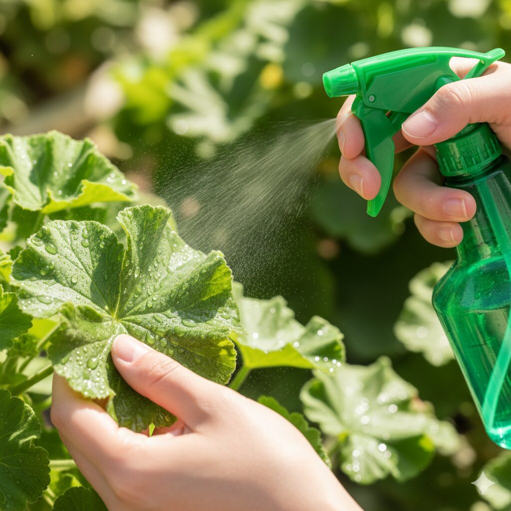 ゼラニウム 葉が白くなる8　鉄欠乏症などの対策として、ゼラニウムの葉に霧吹きで活力剤を葉面散布している様子。