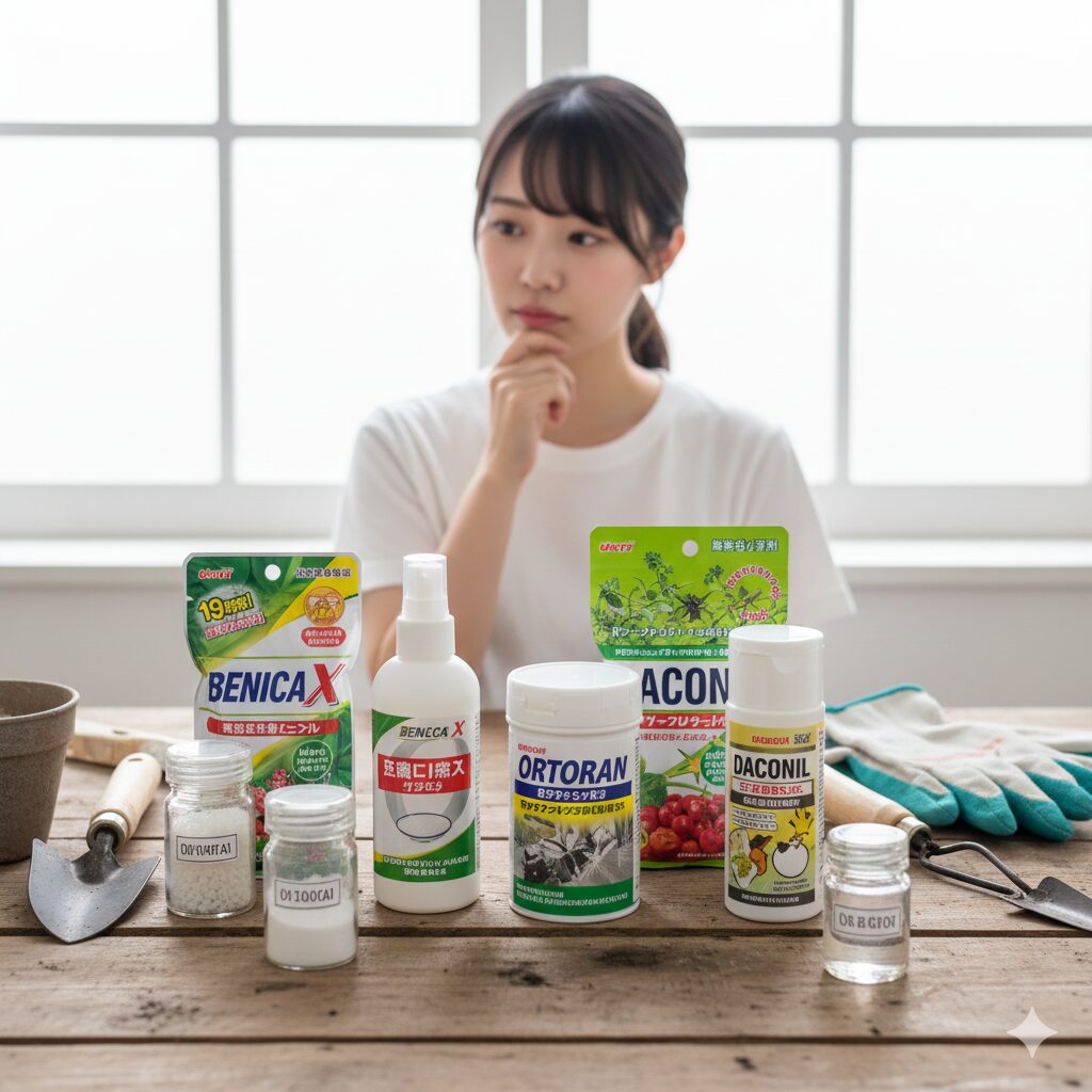 ゼラニウム 葉が白くなる9　ゼラニウムの病害虫対策に使用される、オルトラン粒剤やベニカXスプレーなどの園芸用薬剤。