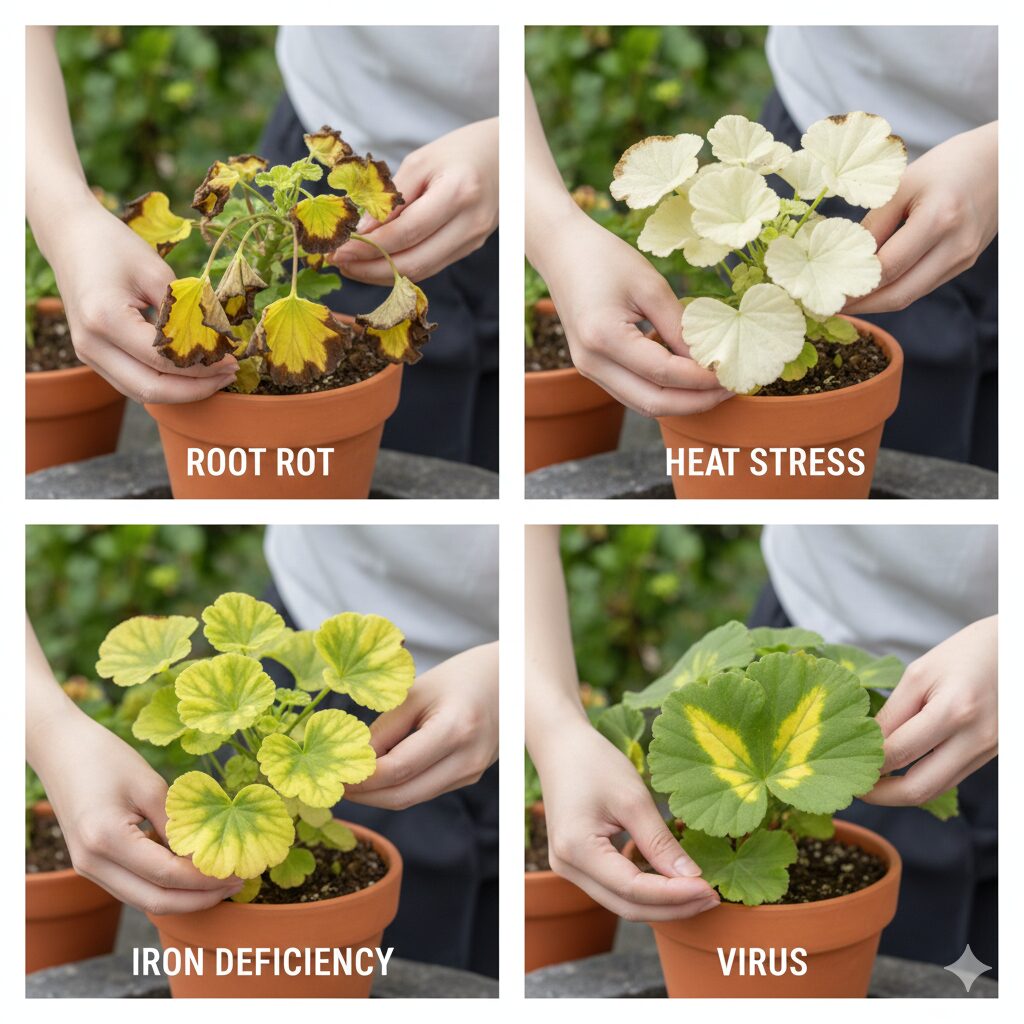 ゼラニウム 葉が黄色くなる1　ゼラニウムの葉が黄色くなる様々な原因（根腐れ、高温障害、鉄欠乏、病気）と症状の比較写真