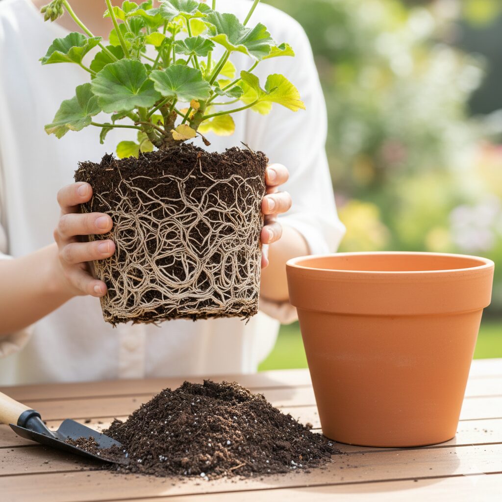 ゼラニウム 葉が黄色くなる10　根詰まりを起こして鉢の形に根が回ったゼラニウムの根鉢。植え替えが必要な状態。