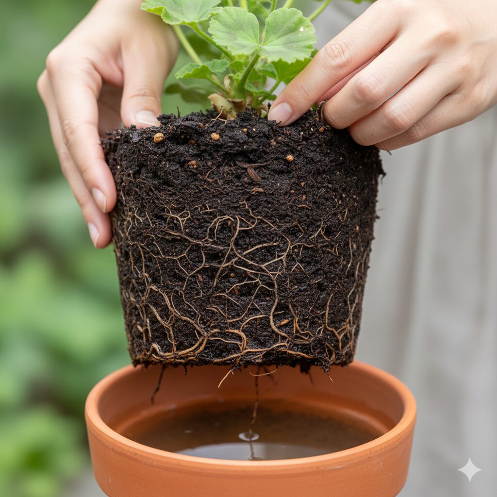 ゼラニウム 葉が黄色くなる2　根腐れを起こしたゼラニウムの根。土は湿り、根は茶色く腐敗している。
