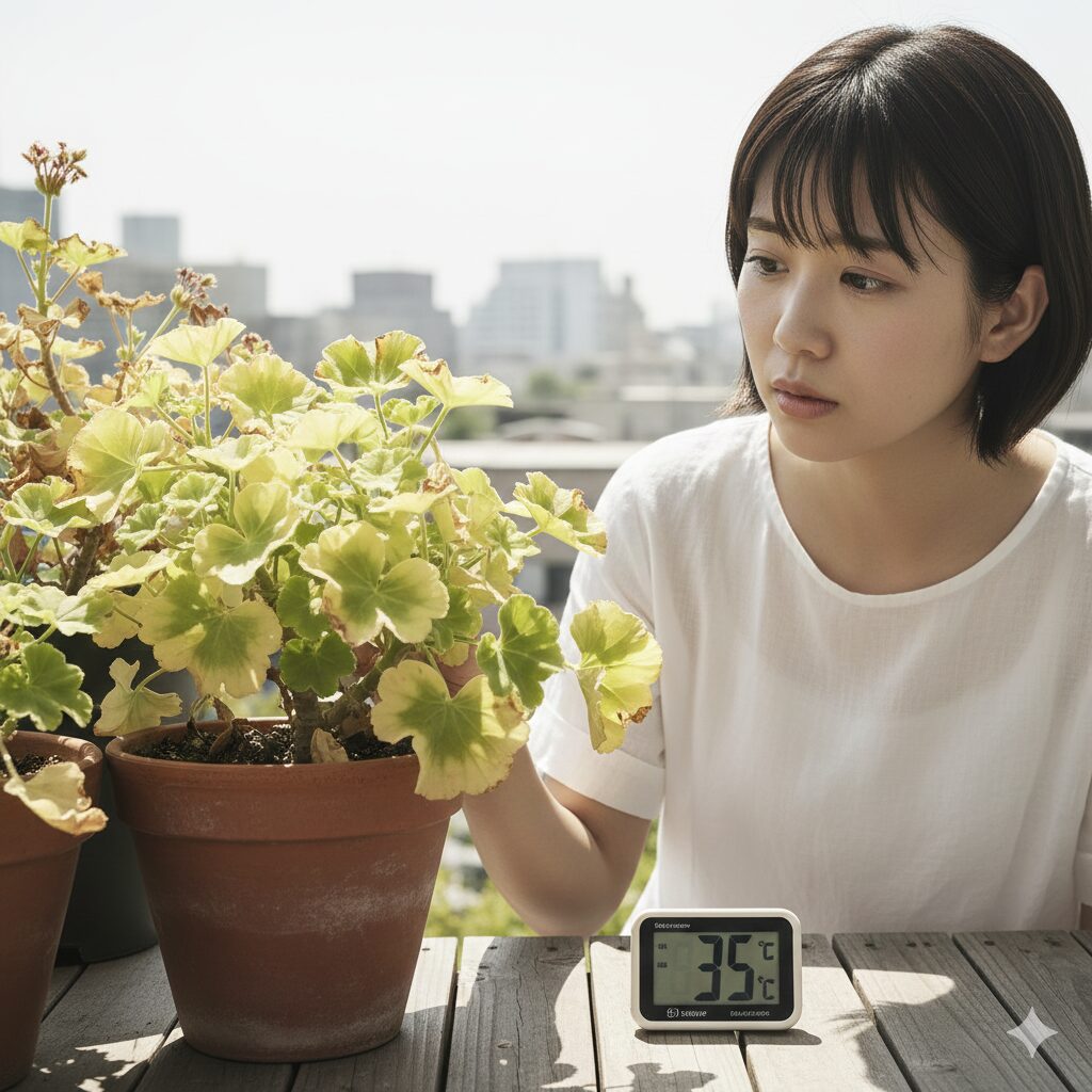 ゼラニウム 葉が黄色くなる3　真夏の高温障害で葉の色が薄くなり白っぽくなったゼラニウム。