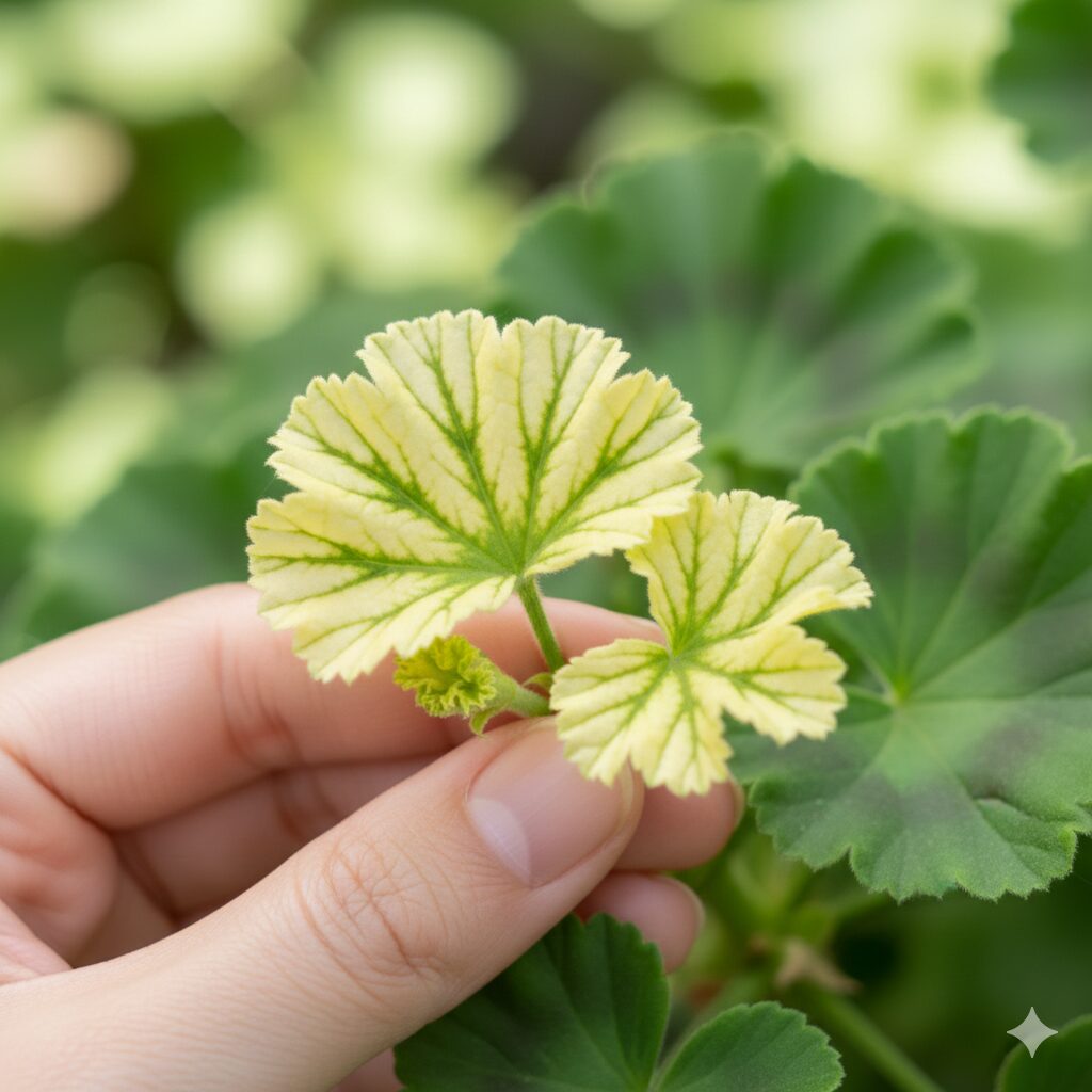 ゼラニウム 葉が黄色くなる4　鉄欠乏（クロロシス）により新芽が黄色くなり、葉脈だけが緑色に残ったゼラニウムの葉。