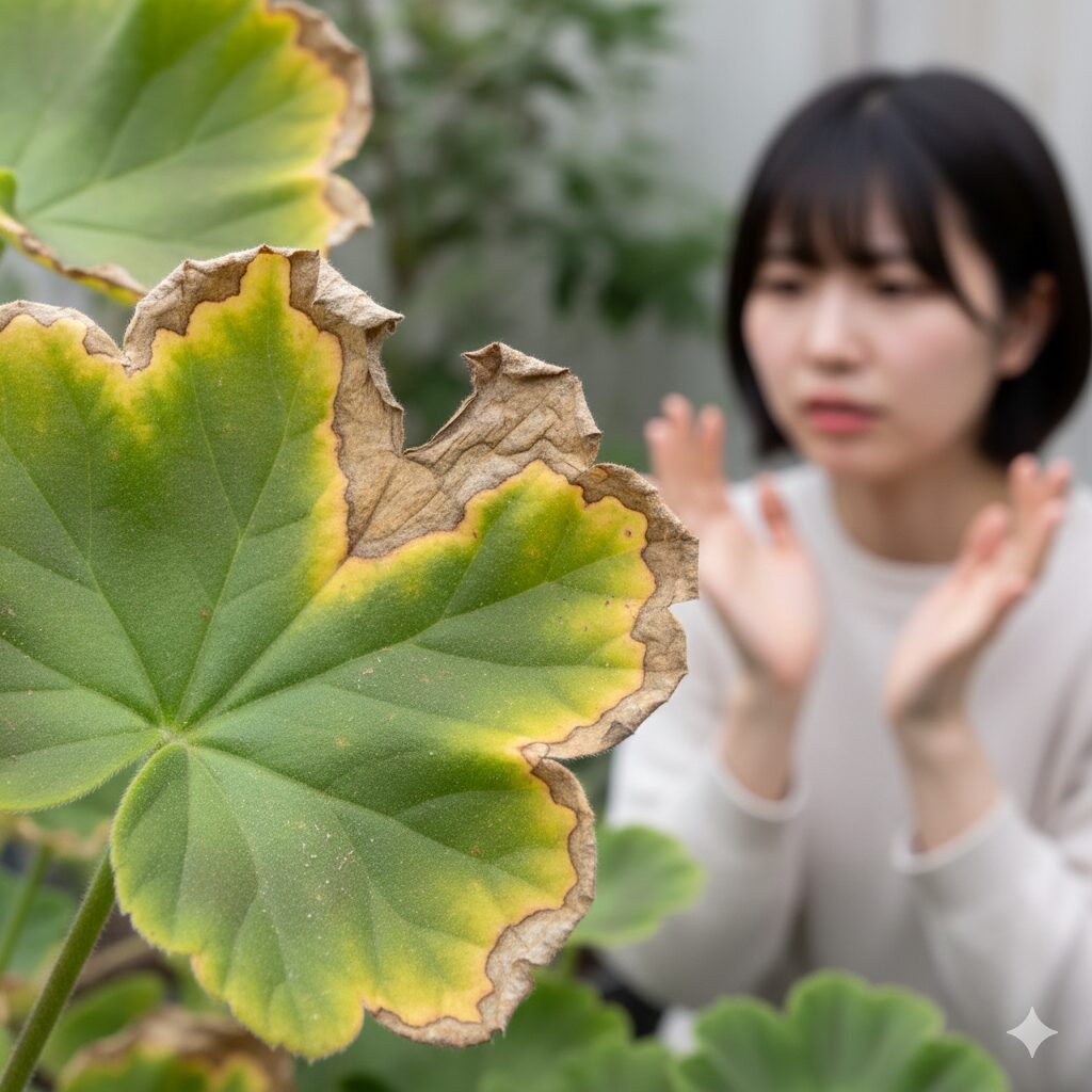 ゼラニウム 葉が黄色くなる5　ゼラニウム細菌病（キサントモナス）の特徴的なV字型の黄変症状が現れた葉。