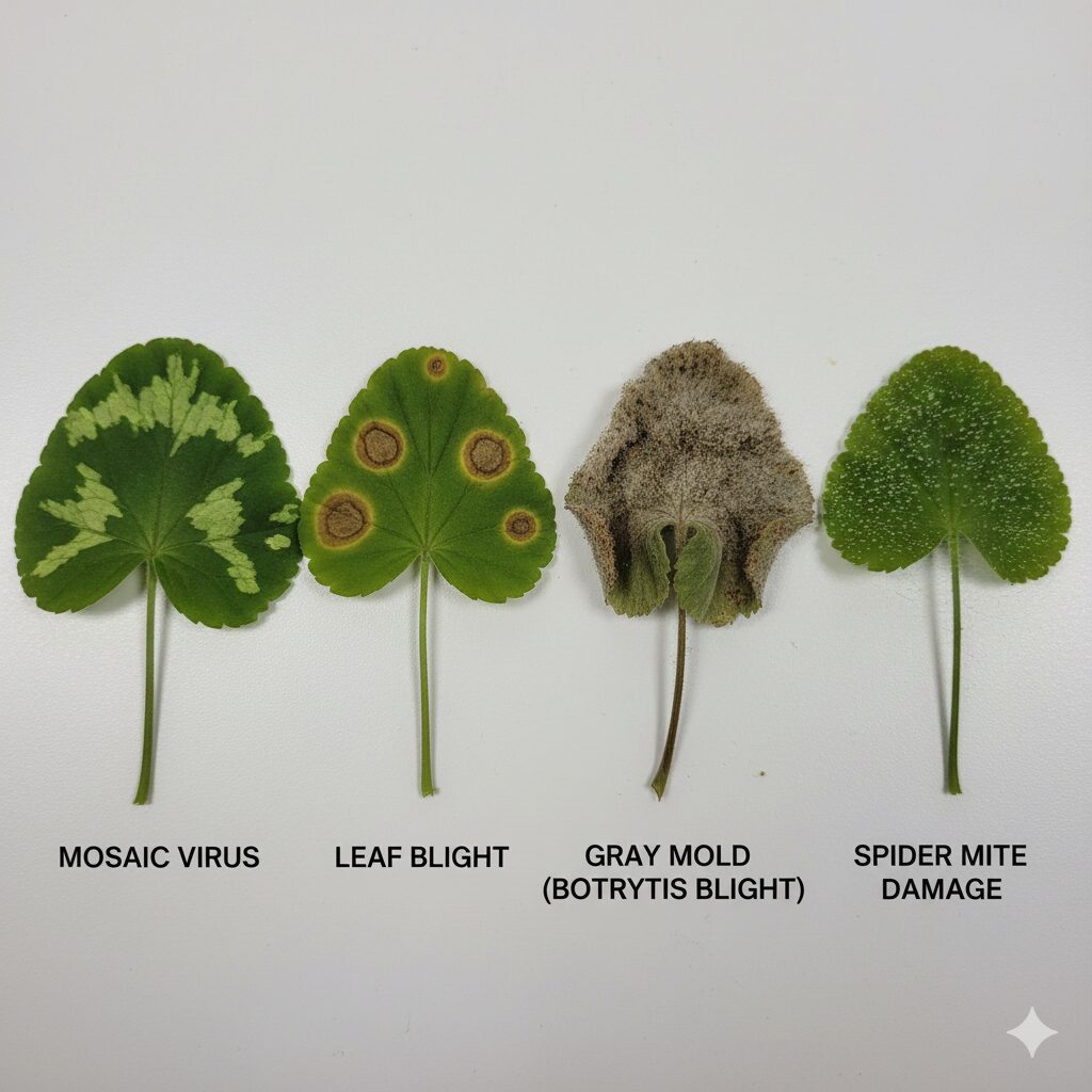 ゼラニウム 葉が黄色くなる6　ゼラニウムの葉が黄色くなる病気（ウイルス病、葉枯病、灰色かび病）と害虫（ハダニ）の症状比較。