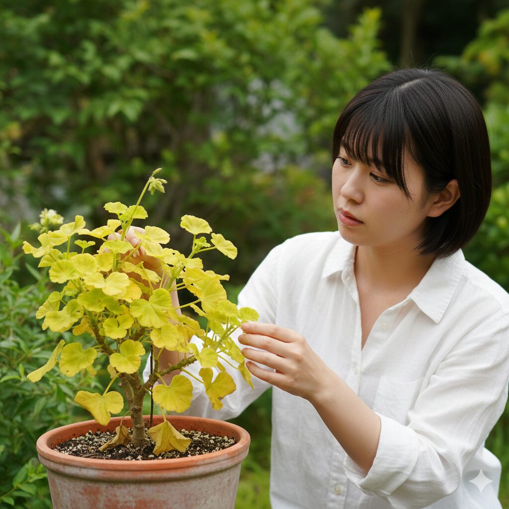 ゼラニウム 葉が黄色くなる7　肥料切れにより株全体の色が薄くなり、下葉から均一に黄色くなったゼラニウム。