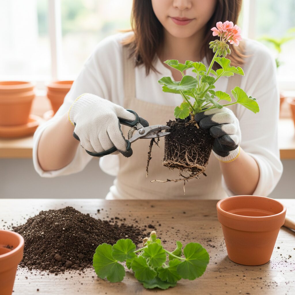 ゼラニウム 葉が黄色くなる8　根腐れしたゼラニウムの復活処置。腐った根を切除し、新しい土と小さな鉢へ植え替える様子。