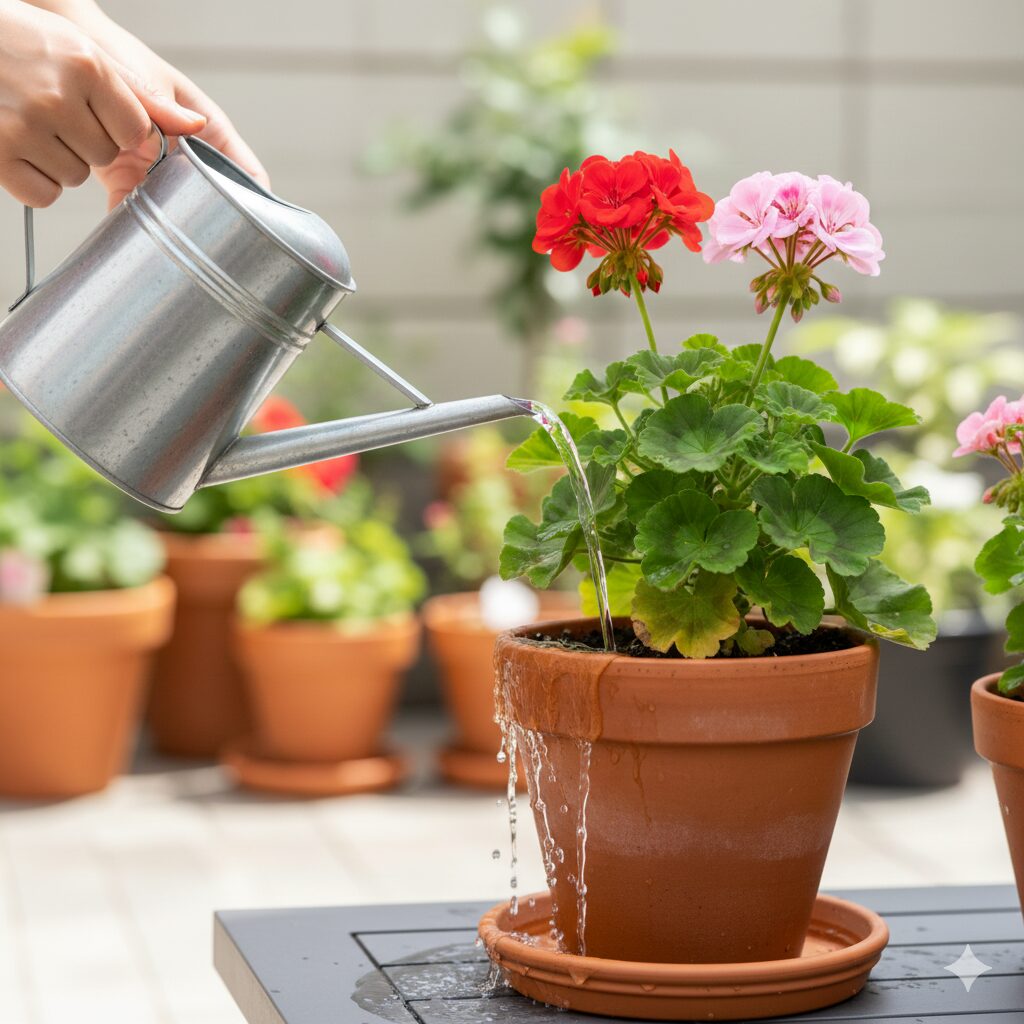 ゼラニウム 葉が黄色くなる9　ゼラニウムへの正しい水やり。鉢底から水が流れ出るまでたっぷりと与え、鉢皿の水は捨てる。