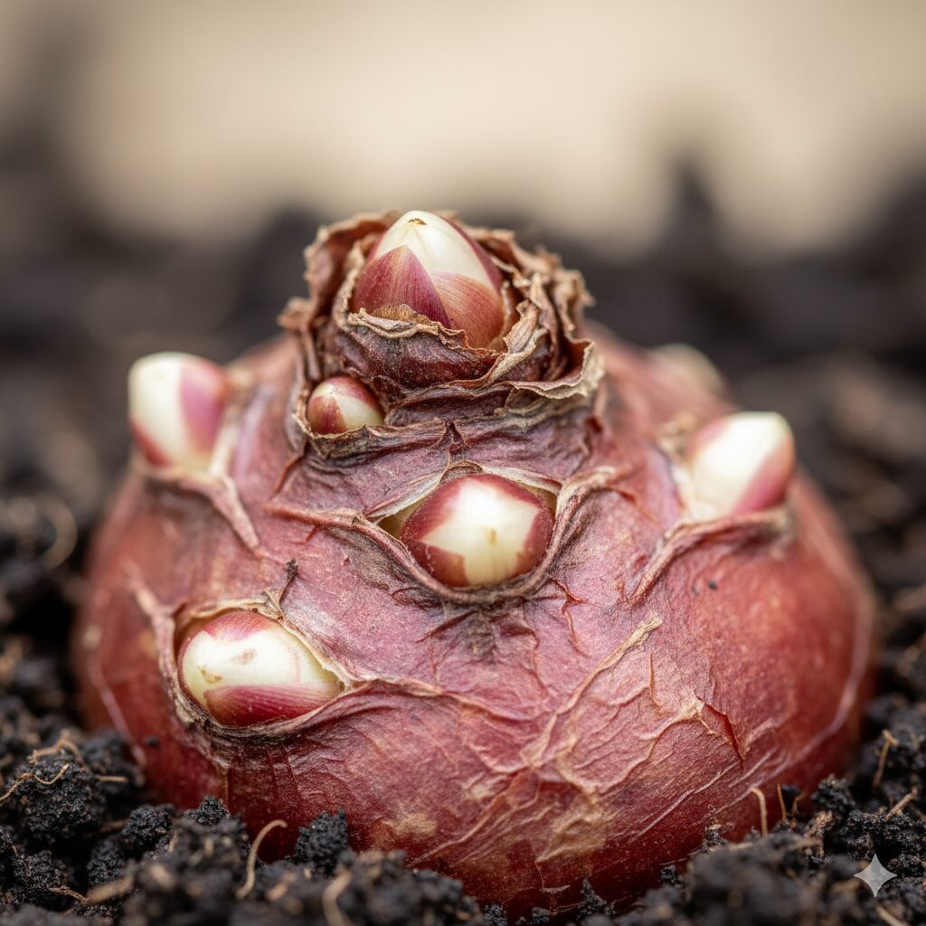 ダリア いつ咲く ダリアの分球時の目印:クラウンから出現した発芽点(目)の拡大写真