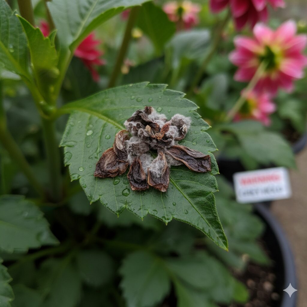 ダリア いつ咲く ダリアの葉に付着した枯れ花弁から発生する灰色かび病(ボトリチス病)の初期症状