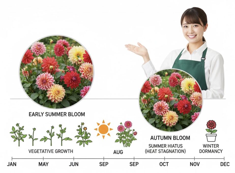 ダリア いつ咲く　ダリアの二季咲きサイクルと開花時期・夏の休眠期間を示す年間カレンダー図解