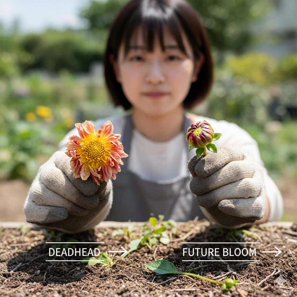 ダリア いつ咲く ダリアの花がら摘みのタイミング比較:花芯が開いた咲き終わりと蕾の見分け方