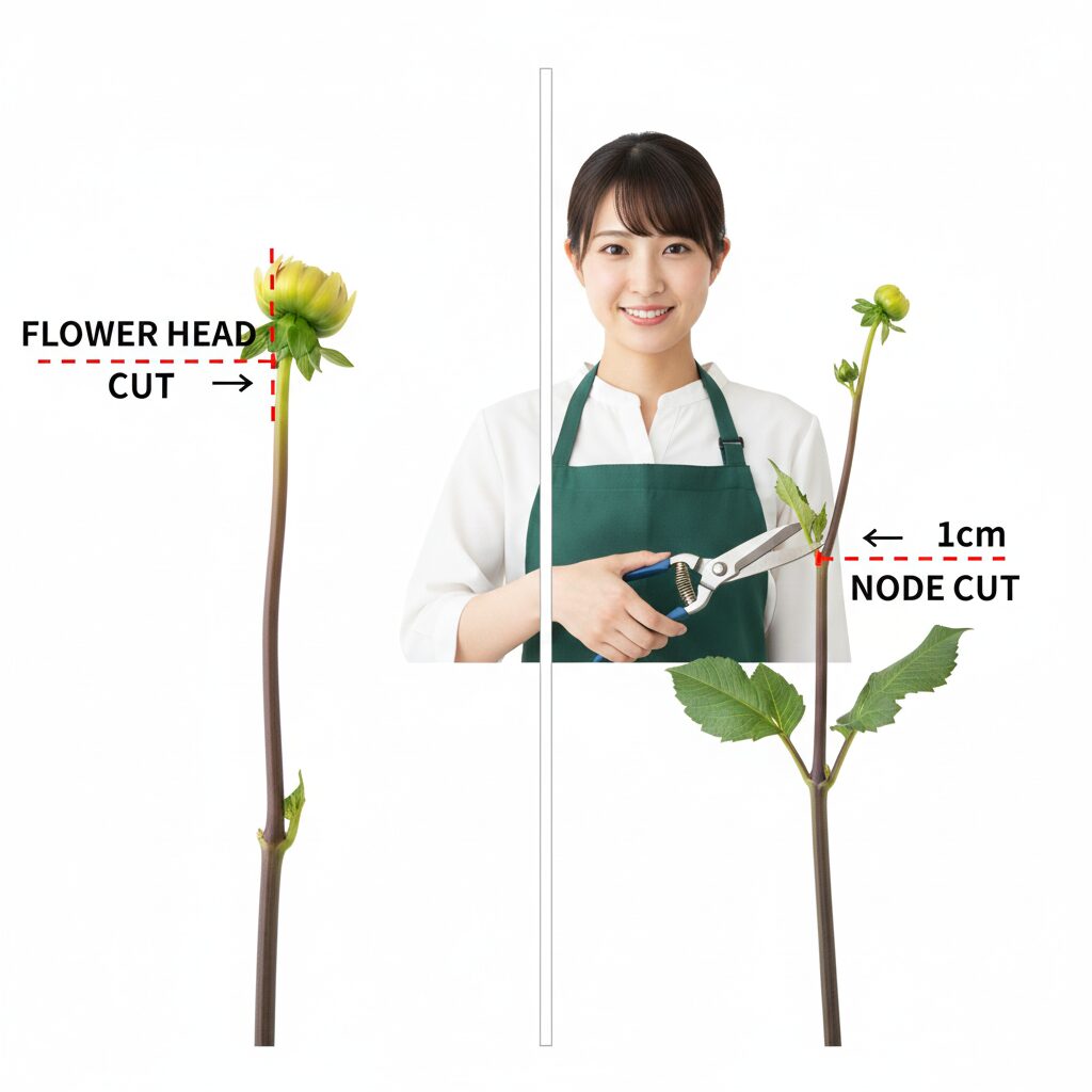 ダリア いつ咲く ダリアの剪定位置の図解:花首で切る場合と節の上で切る切り戻しの位置比較