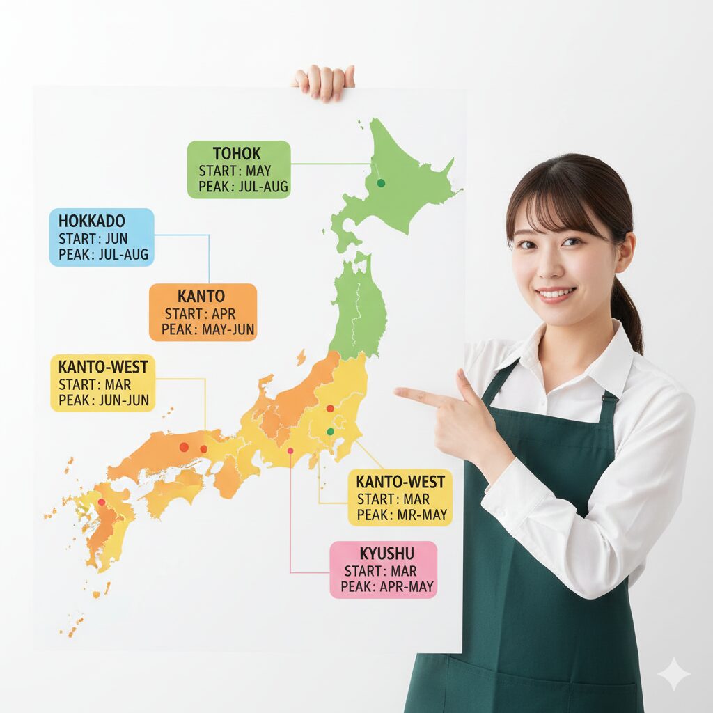 ダリア いつ咲く　地域別ダリアの開花時期と見頃の違いを比較した日本地図のチャートイラスト