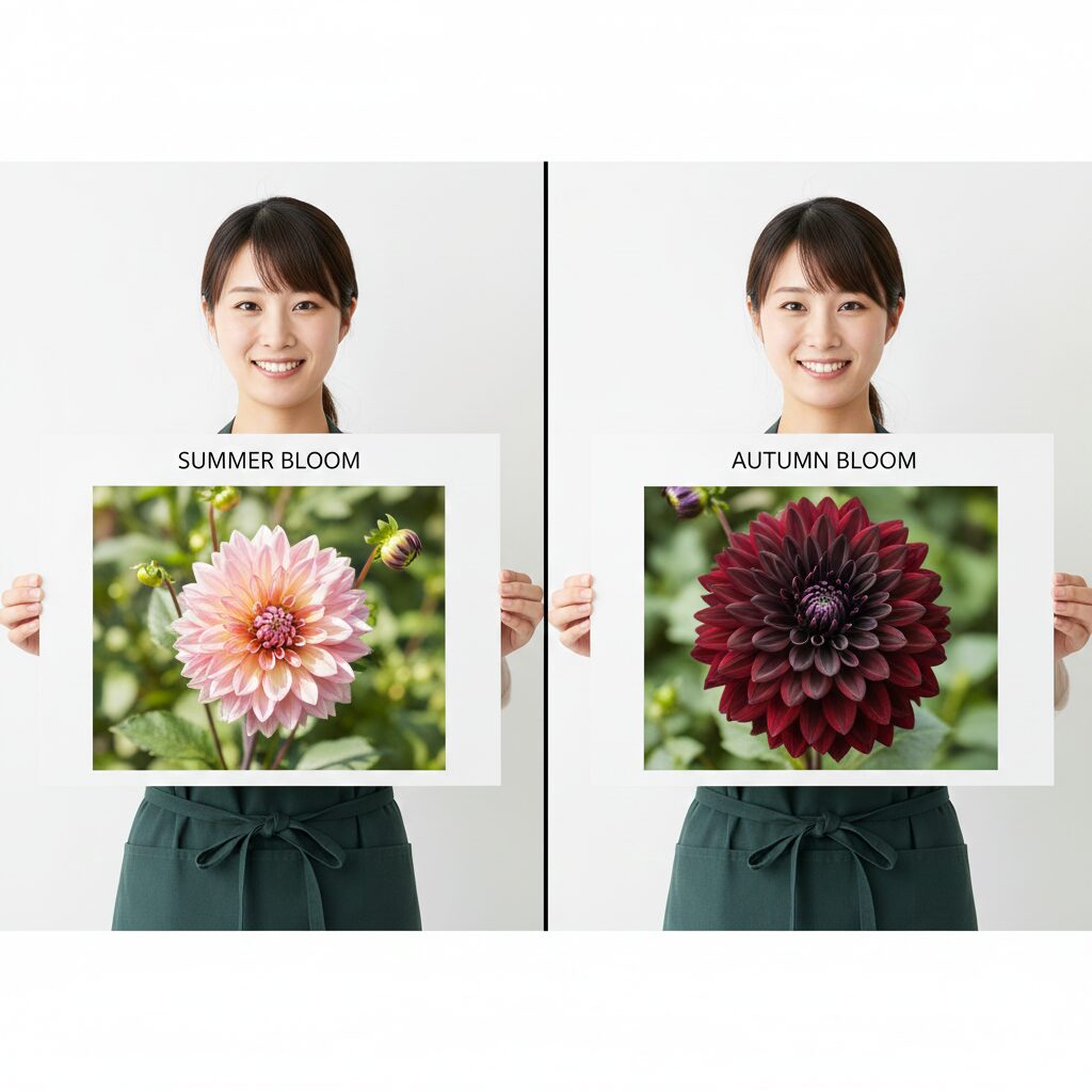 ダリア いつ咲く　夏咲きのダリアと秋の冷涼な気候で色が濃く鮮やかになった秋咲きダリアの比較