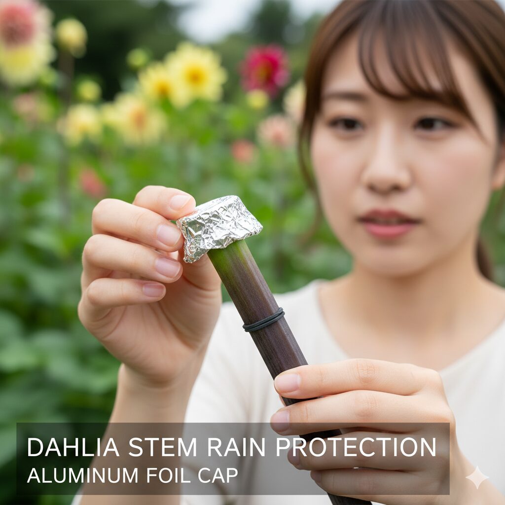 ダリア いつ咲く ダリアの茎の空洞への雨水侵入を防ぐアルミホイルを使った保護方法
