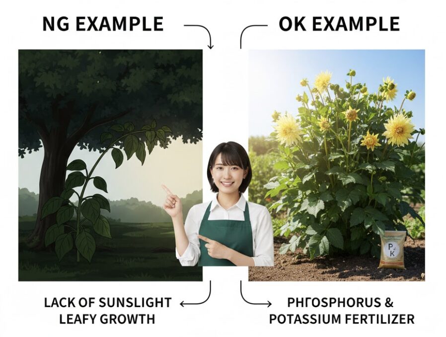 ダリア いつ咲く　日照不足や窒素過多で咲かないダリアと適切な環境で蕾をつけた健康なダリアの比較イラスト