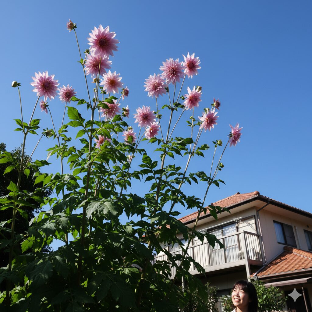ダリア いつ咲く　青空に向かって高くそびえ立ち晩秋にピンクの花を咲かせる皇帝ダリア