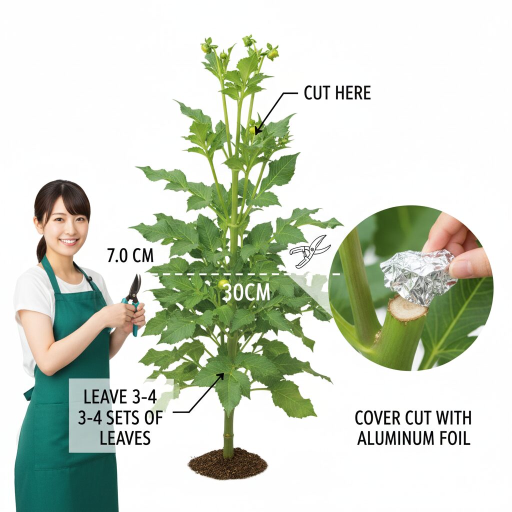 ダリア いつ咲く　秋に咲かせるためのダリアの切り戻し位置と節の残し方・切り口の保護を示す図解