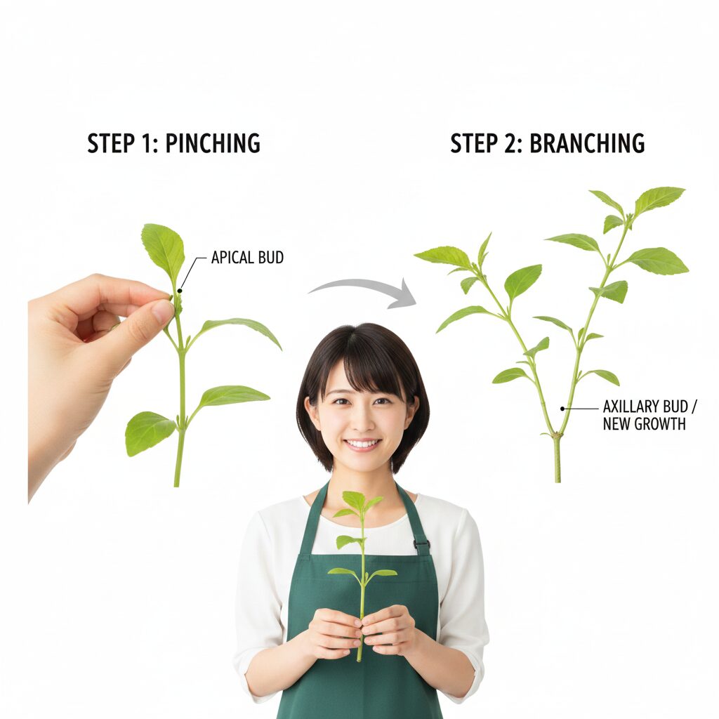 ダリア いつ咲く　ダリアの花数を増やすための摘芯（ピンチ）の手順と脇芽発生の仕組み図解