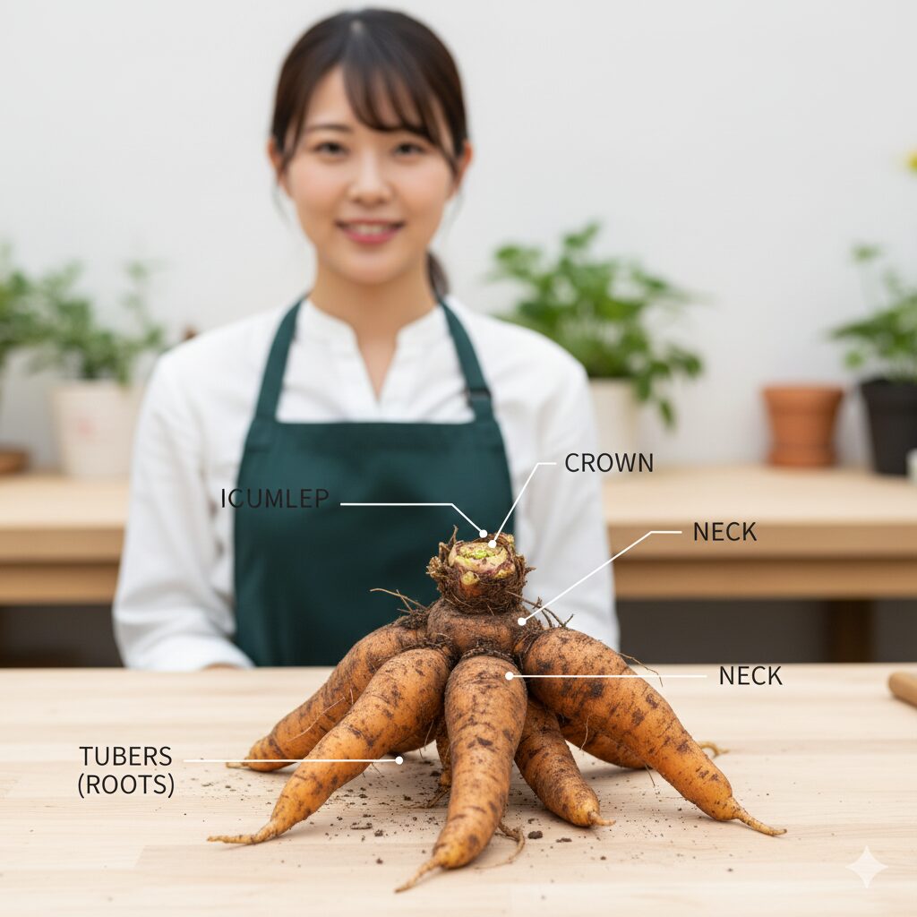 ダリア いつ咲く ダリア球根の部位名称図解:分球に必要なクラウン、ネック、塊根の位置関係