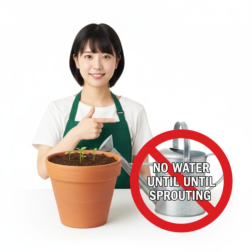 ダリア 植え付け 時期　球根の腐敗を防ぐためのダリア植え付け直後の水やり禁止（断水）を示す注意喚起イメージ