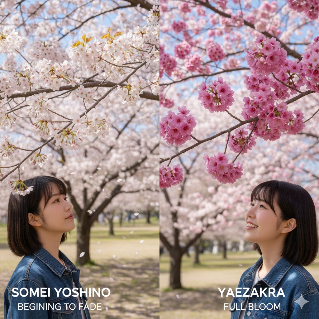 ダリア 植え付け 時期　ダリア植え付け適期の目安となる散り際のソメイヨシノと満開の八重桜（ヤエザクラ）の比較