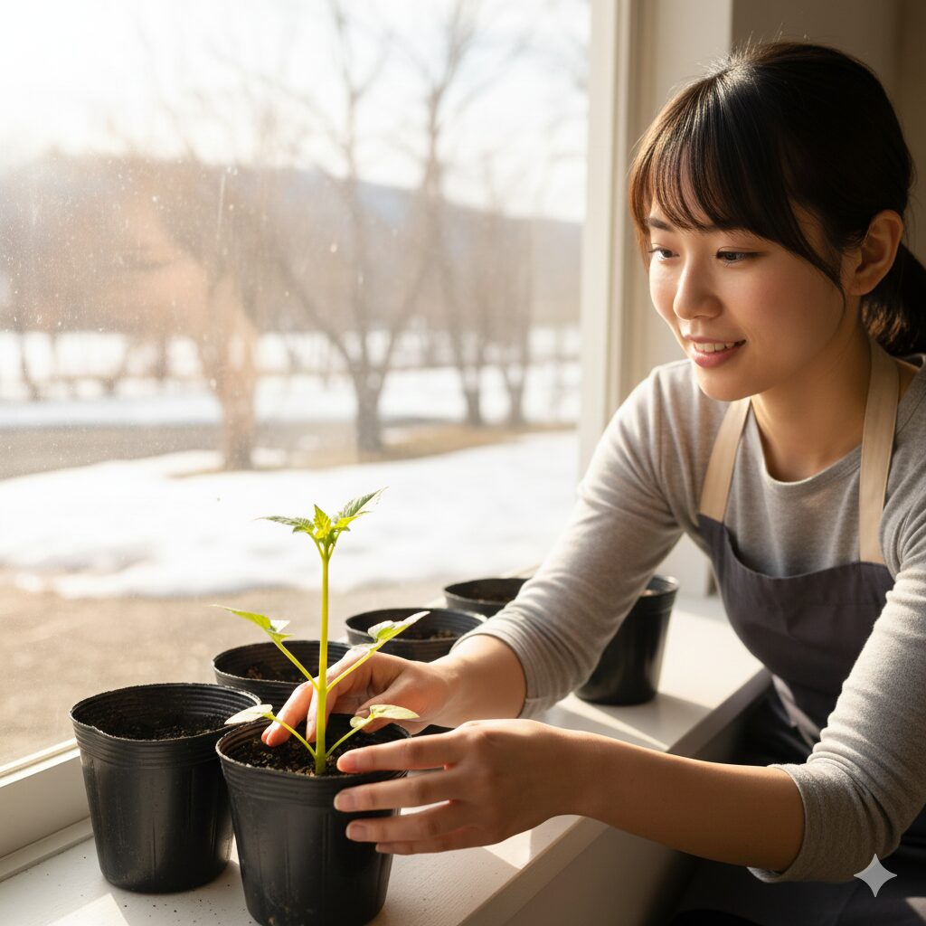 ダリア 植え付け 時期　北海道や寒冷地で推奨されるダリアの室内ポット育苗（芽出し）の様子