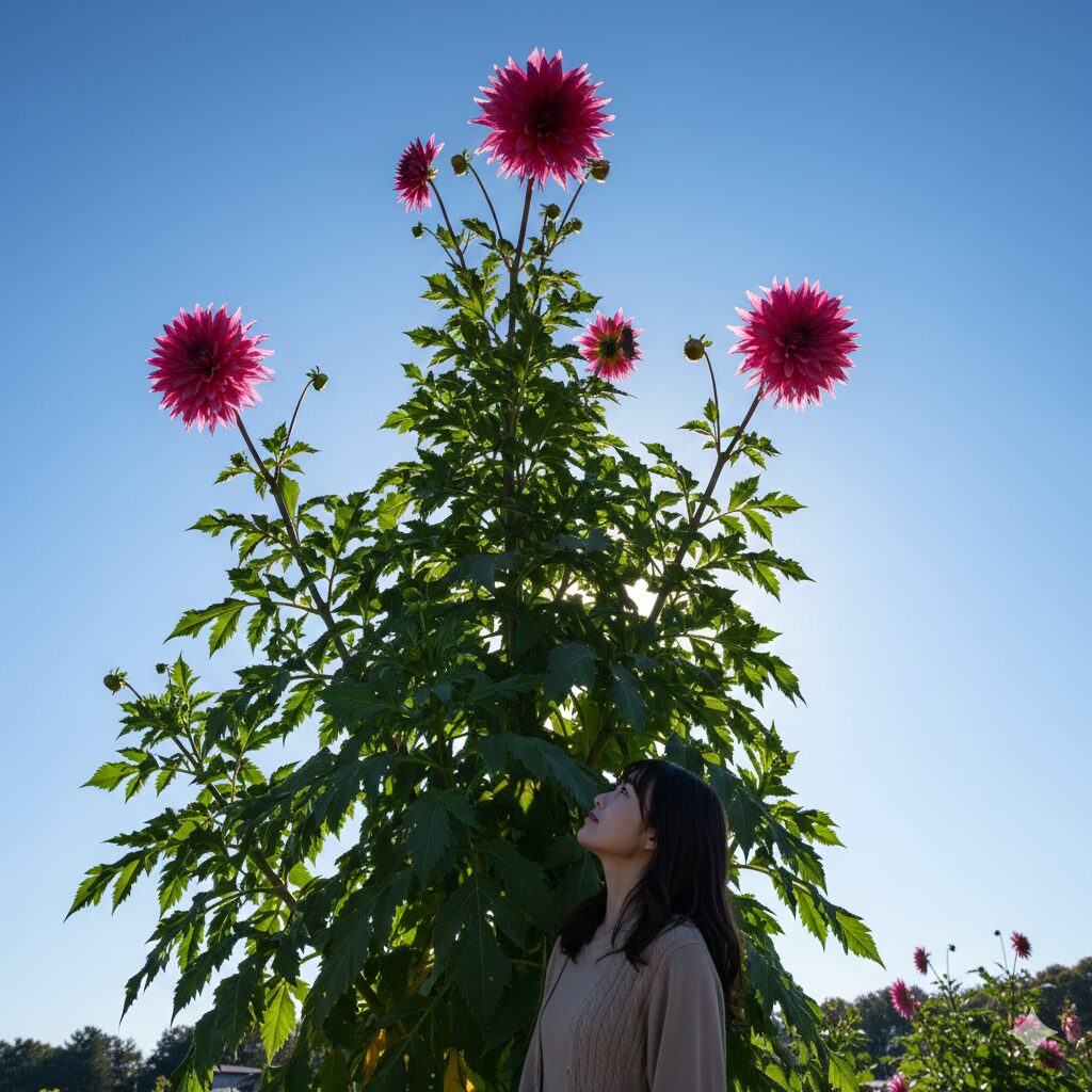 ダリア 植え付け 時期　草丈が数メートルに達し見上げる高さに成長した満開の皇帝ダリアと人物のサイズ比較