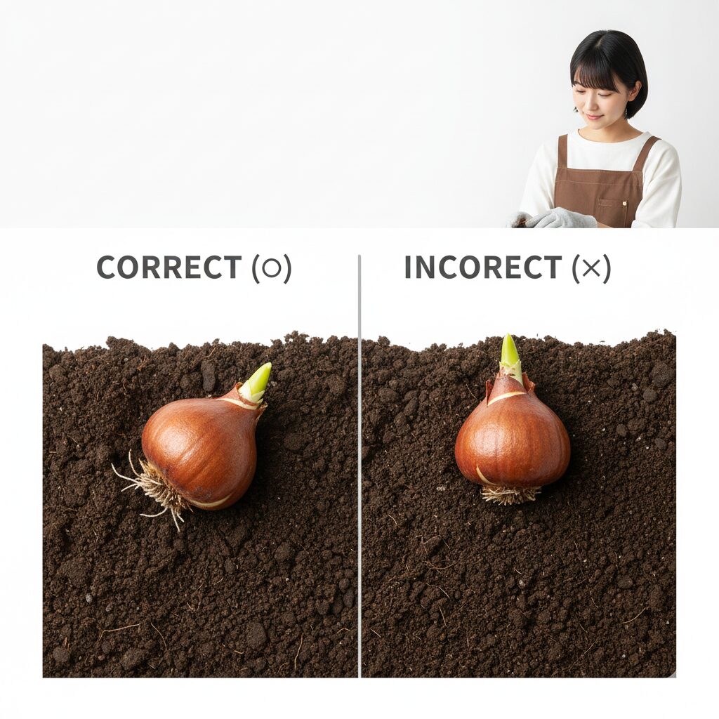 ダリア 植え付け 時期　ダリア球根の正しい植え付け向き（横向き）と間違った植え方（縦向き）の断面図解