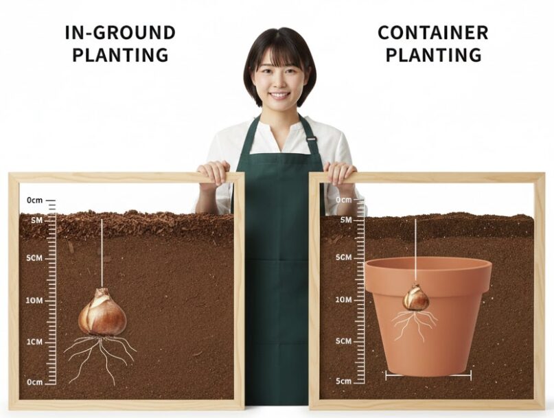 ダリア 植え付け 時期　　地植え（深植え10cm）と鉢植え（浅植え5cm）におけるダリア球根の適切な植え付け深さ比較図