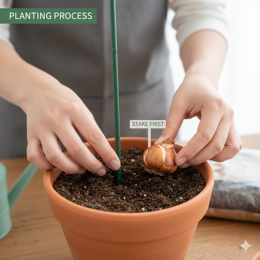 ダリア 植え付け 時期　球根の腐敗や損傷を防ぐために植え付け前に行う支柱の先立て作業の手順