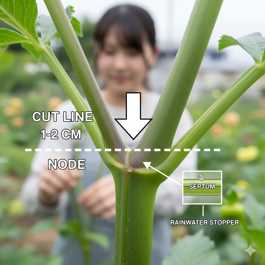 ダリア 茎 空洞　ダリアの切り戻しの正しい位置。節の少し上で切ることで隔壁を利用し腐敗を防ぐ図解。