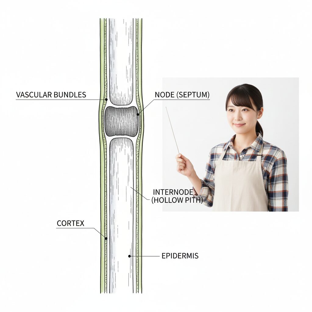 ダリア 茎 空洞　ダリアの茎の内部構造図解。節にある隔壁と節間の空洞の仕組み。