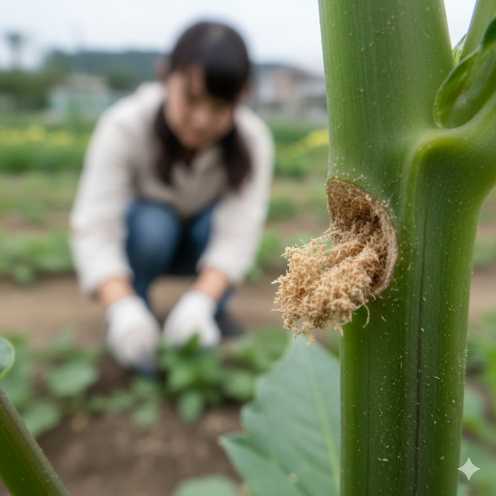 ダリア 茎 空洞　ダリアの茎の穴から排出されるフラス（木屑状の虫の糞）。メイガ幼虫侵入のサイン。