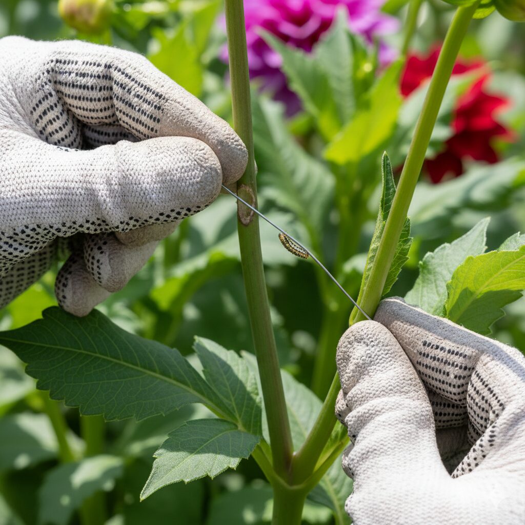 ダリア 茎 空洞　針金を使ってダリアの茎の中にいる害虫（ズイムシ）を駆除する方法。