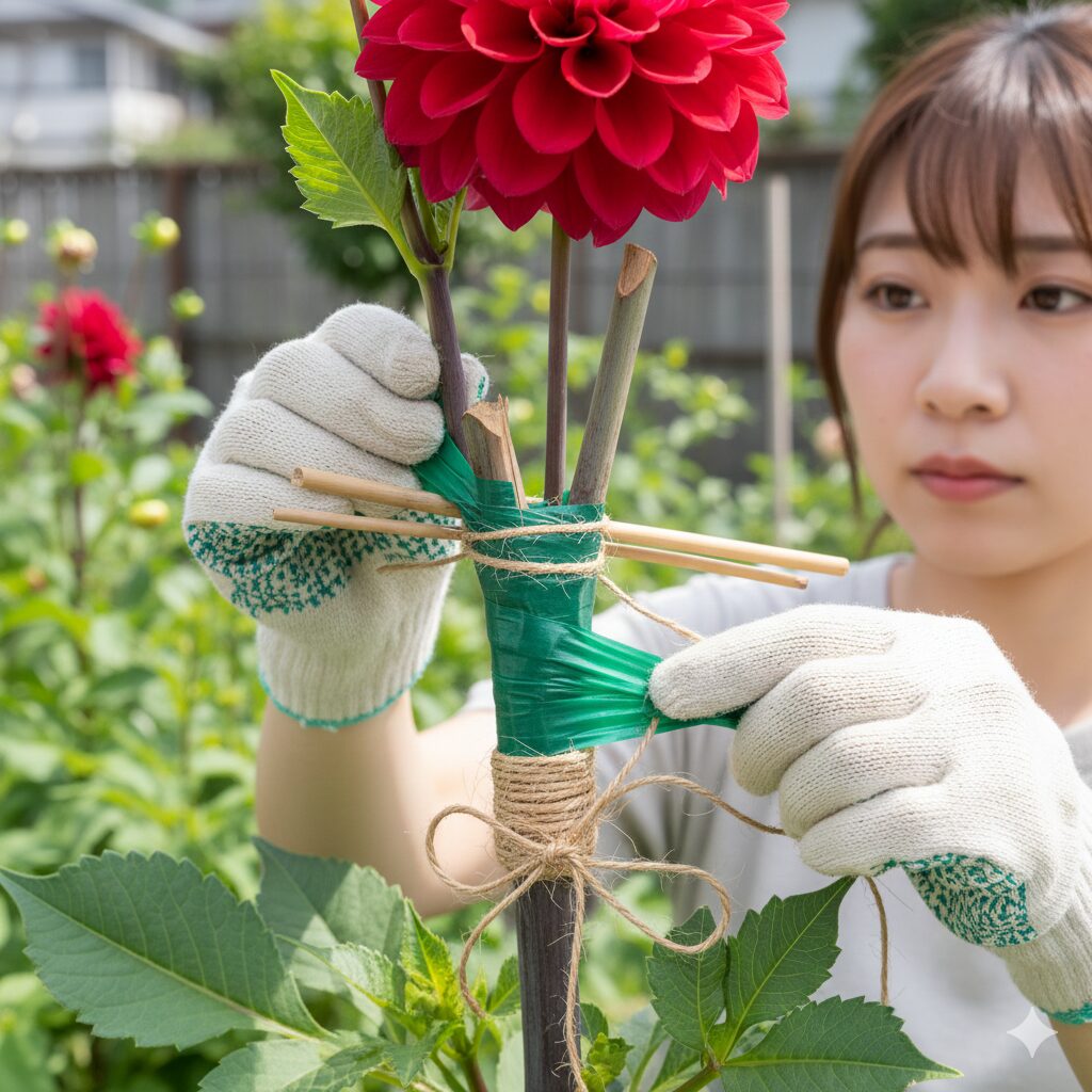 ダリア 茎 空洞　折れたダリアの茎の修復方法。テープと添え木で固定された様子。
