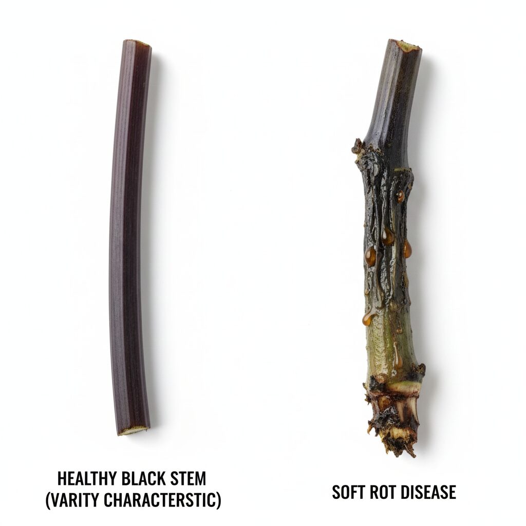 ダリア 茎 空洞　ダリアの茎の黒変の比較。左：健康な黒軸品種、右：軟腐病による腐敗。