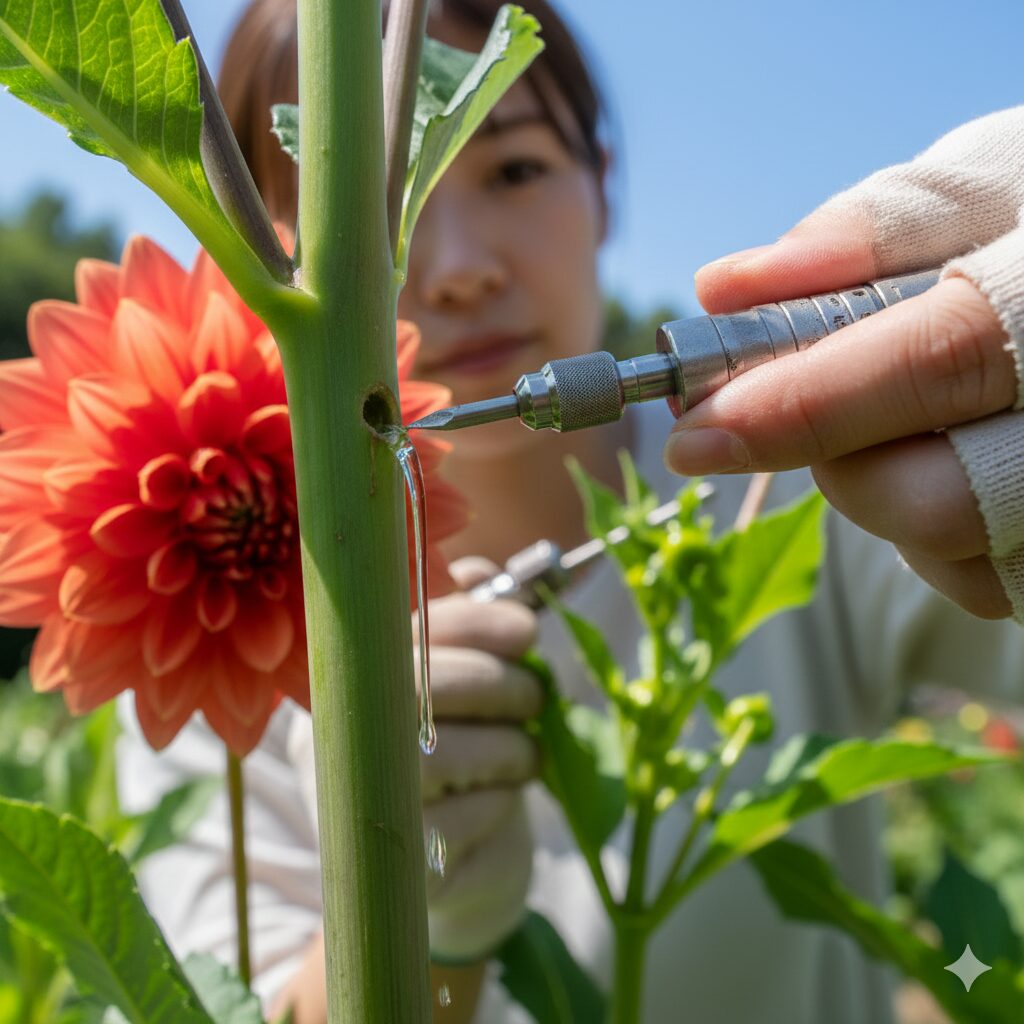 ダリア 茎 空洞　ダリアの茎の水抜き手順（ドレナージ）。ドリルで穴を開けて滞留水を排出している様子。