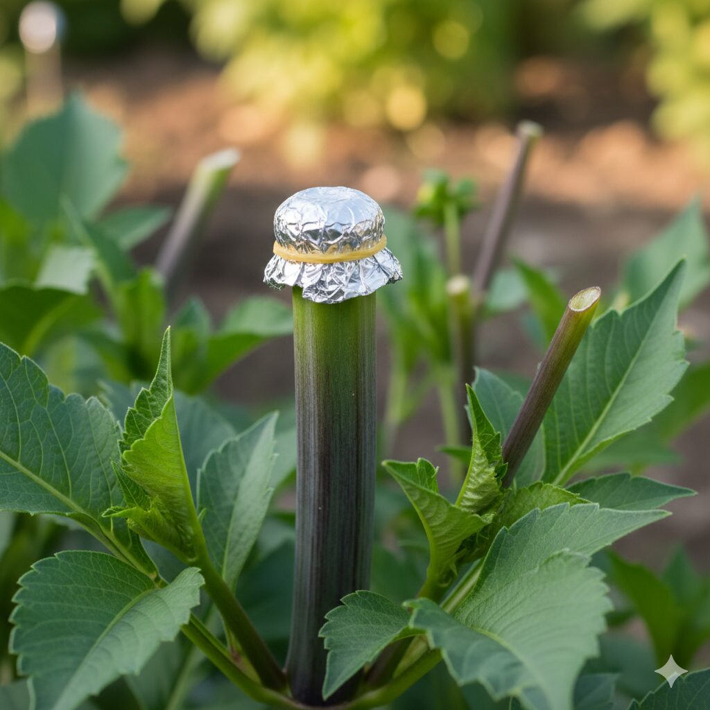 ダリア 茎 空洞　ダリアの茎の雨よけ対策。切り口にアルミホイルを被せて空洞への水の侵入を防ぐ方法。