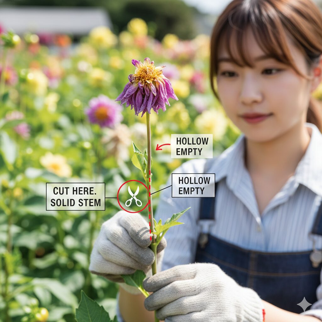 ダリア 茎 空洞　ダリアの花がら摘みの正しい切断位置。空洞が出ないガクの直下を示す図解。