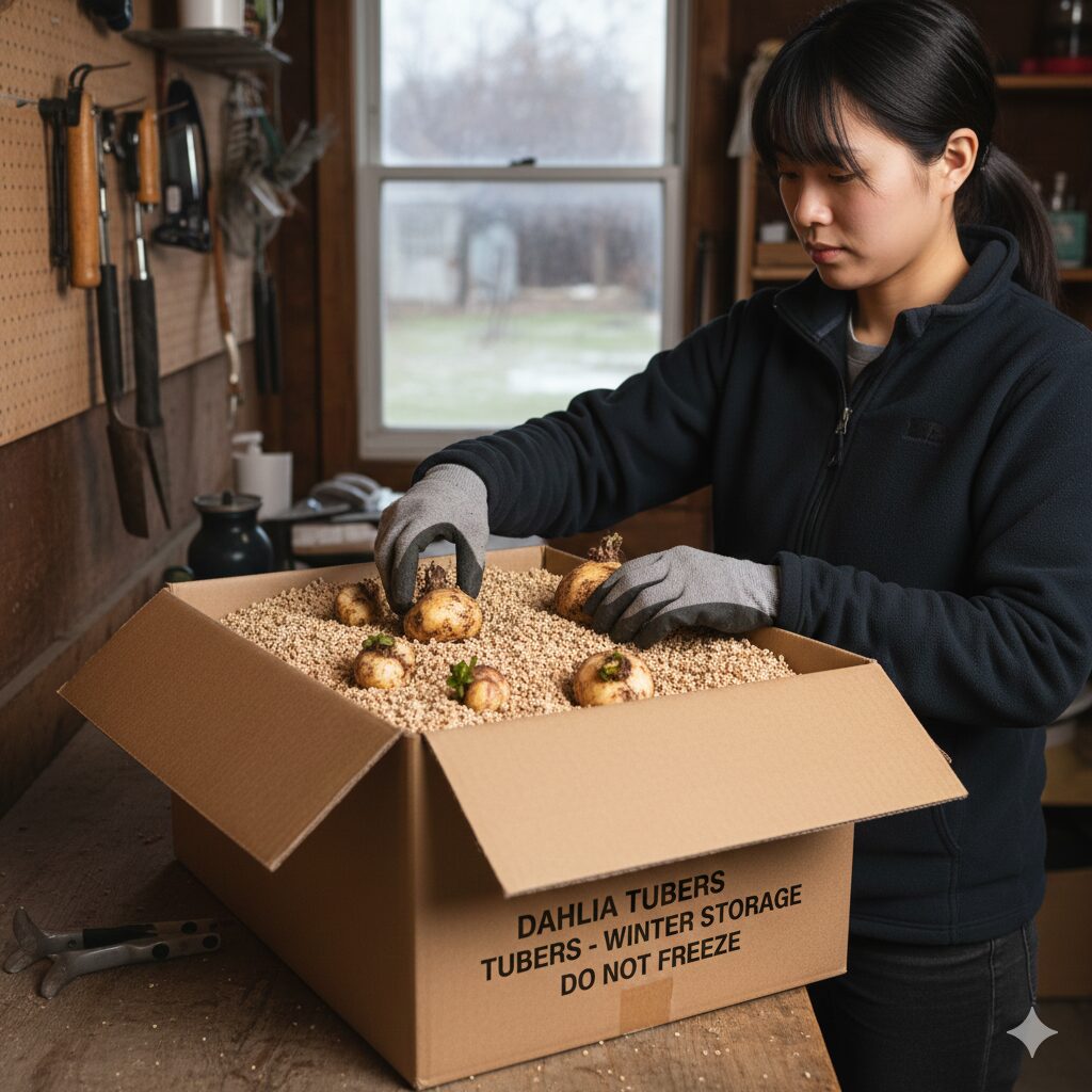 ダリア育てかた　寒冷地でのダリアの冬越し方法。掘り上げた球根をバーミキュライトに埋めて段ボール箱で保存する様子。