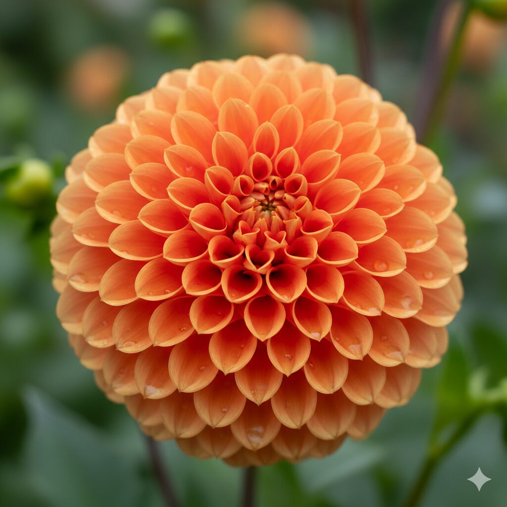 ダリア育てかた　雨に強く初心者におすすめのボール咲きダリアの花。水滴を弾く整った球形の花姿。