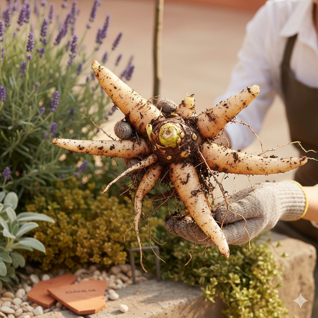ダリア育てかた　ダリアの球根の構造。発芽点があるクラウン、折れやすいネック、養分を蓄える塊根の位置関係。